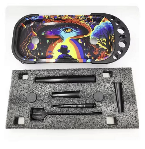 1 Set Metal Rolling Tray Cone Foldable Stand King Size &1 1/4 Size Funnel Brush Placement Gift Tray Kit